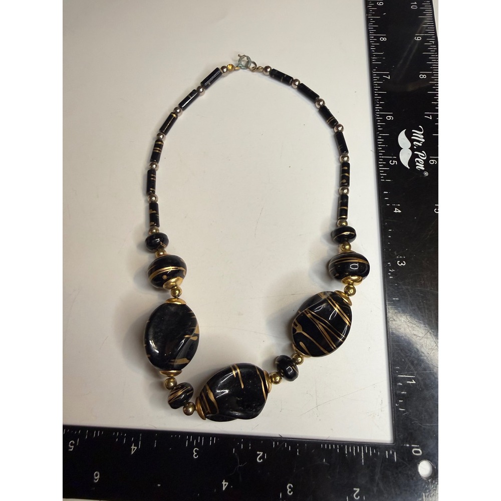 Vintage Black and Gold Chunky Bead Statement Necklace Mixed Shapes 18 Inch